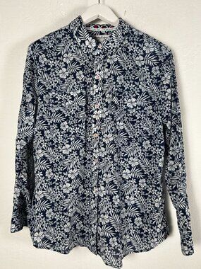 Tommy Bahama Women’s White Navy Florico Long Sleeve Button Up Shirt Large Cotton